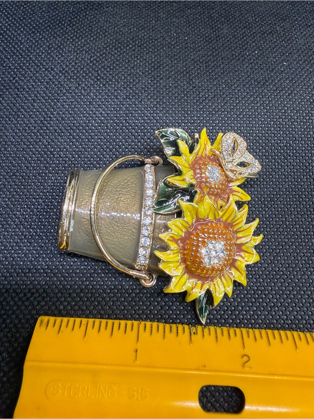 Napier Brooch Gold Tone Sunflower Butterfly Pot with Crystal & Enamel Accent - Picture 6 of 11